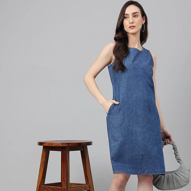 Blue Denim Solid Straight Western Dress