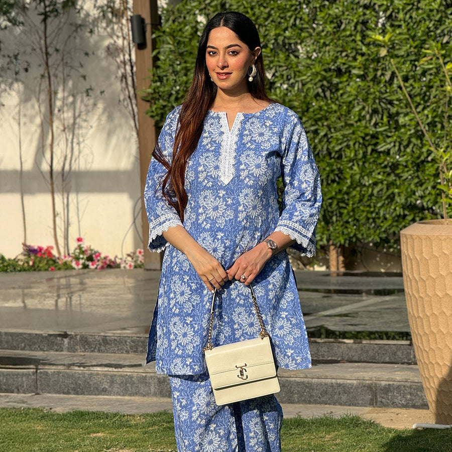 Blue Pure Cotton Floral Printed Straight Co-ord Set