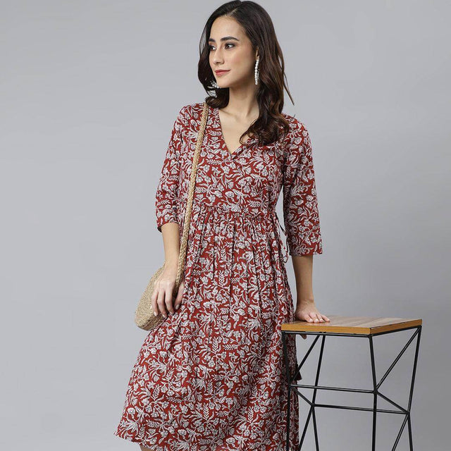 Maroon Cotton Floral Print Angrakha Western Dress
