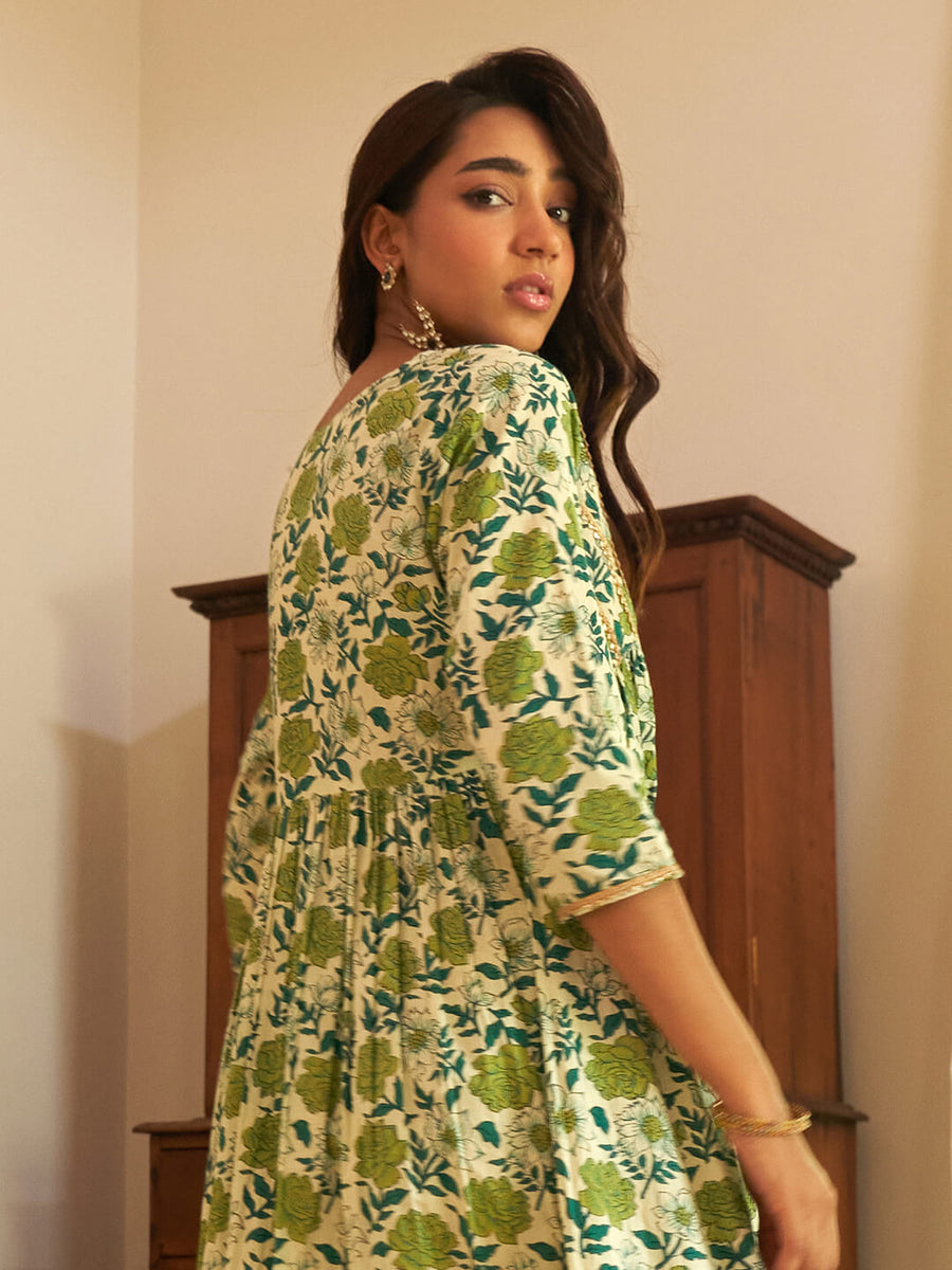 Off White Cotton Floral Printed Kurta with Palazzo