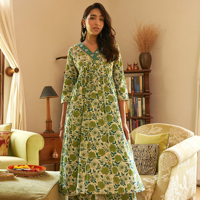 Off White Cotton Floral Printed Kurta with Palazzo