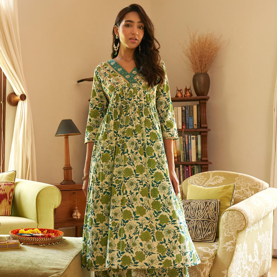 Off White Cotton Floral Printed Kurta with Palazzo