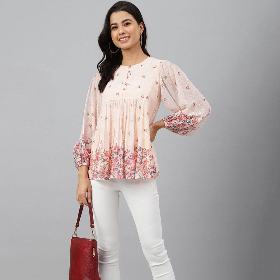 Peach Georgette Floral Print Flared Top