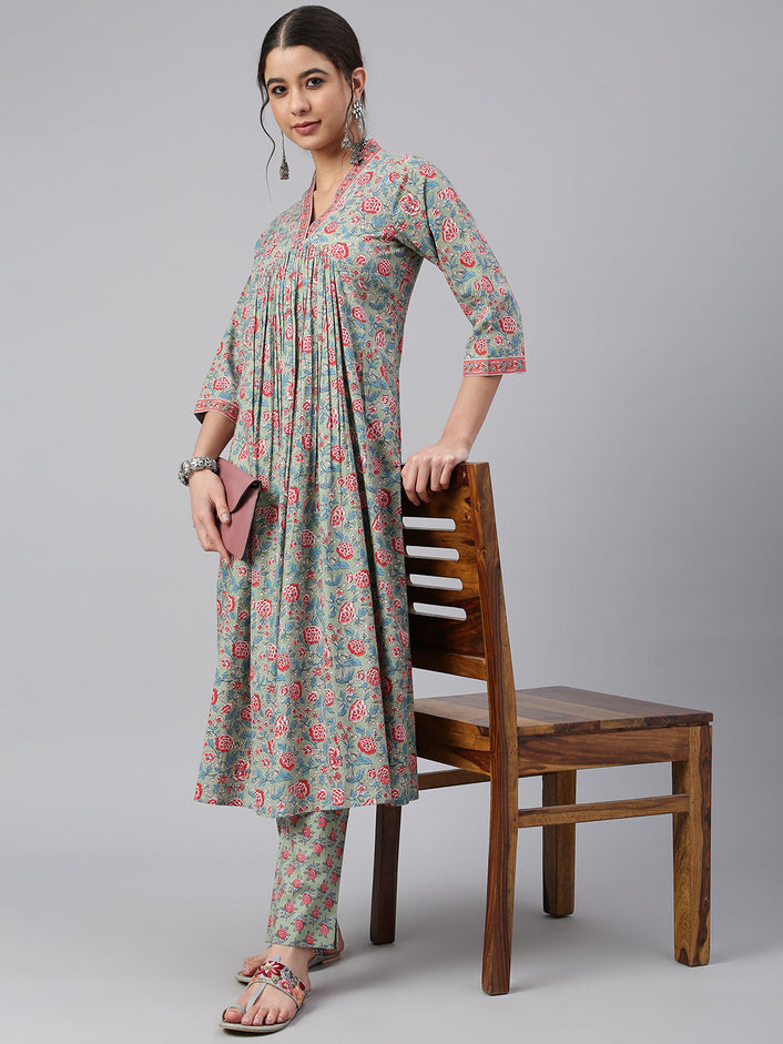Sea Green Cotton Floral Print Kurta with Pant