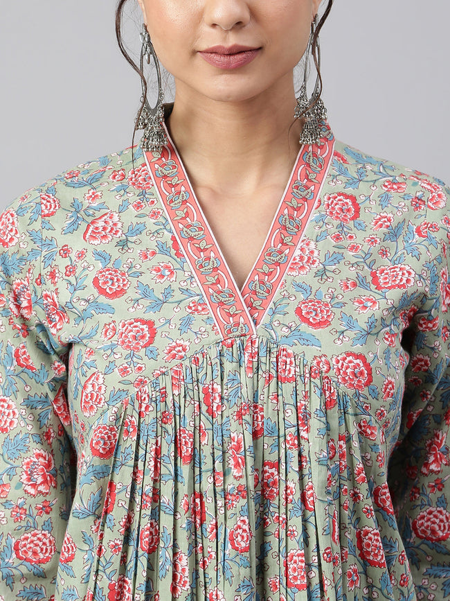 Sea Green Cotton Floral Print Kurta with Pant