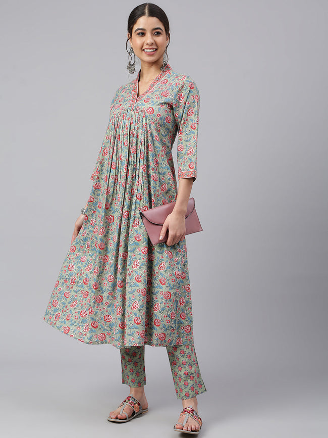 Sea Green Cotton Floral Print Kurta with Pant