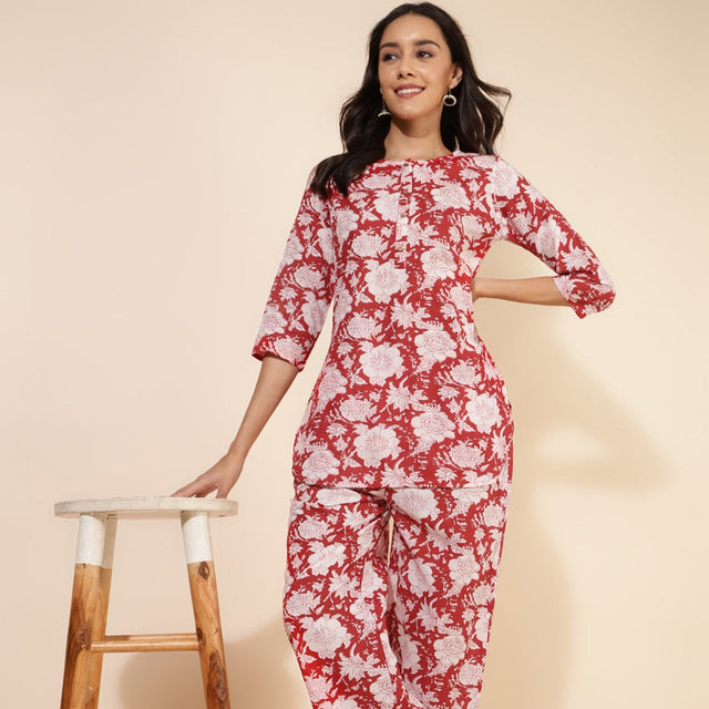 Red Cotton Cambric Floral Printed Top with Palazzo