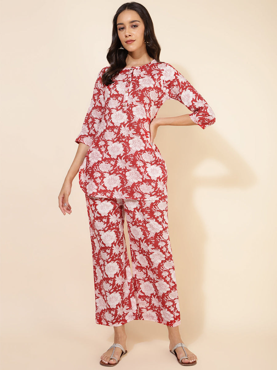 Red Cotton Cambric Floral Printed Top with Palazzo