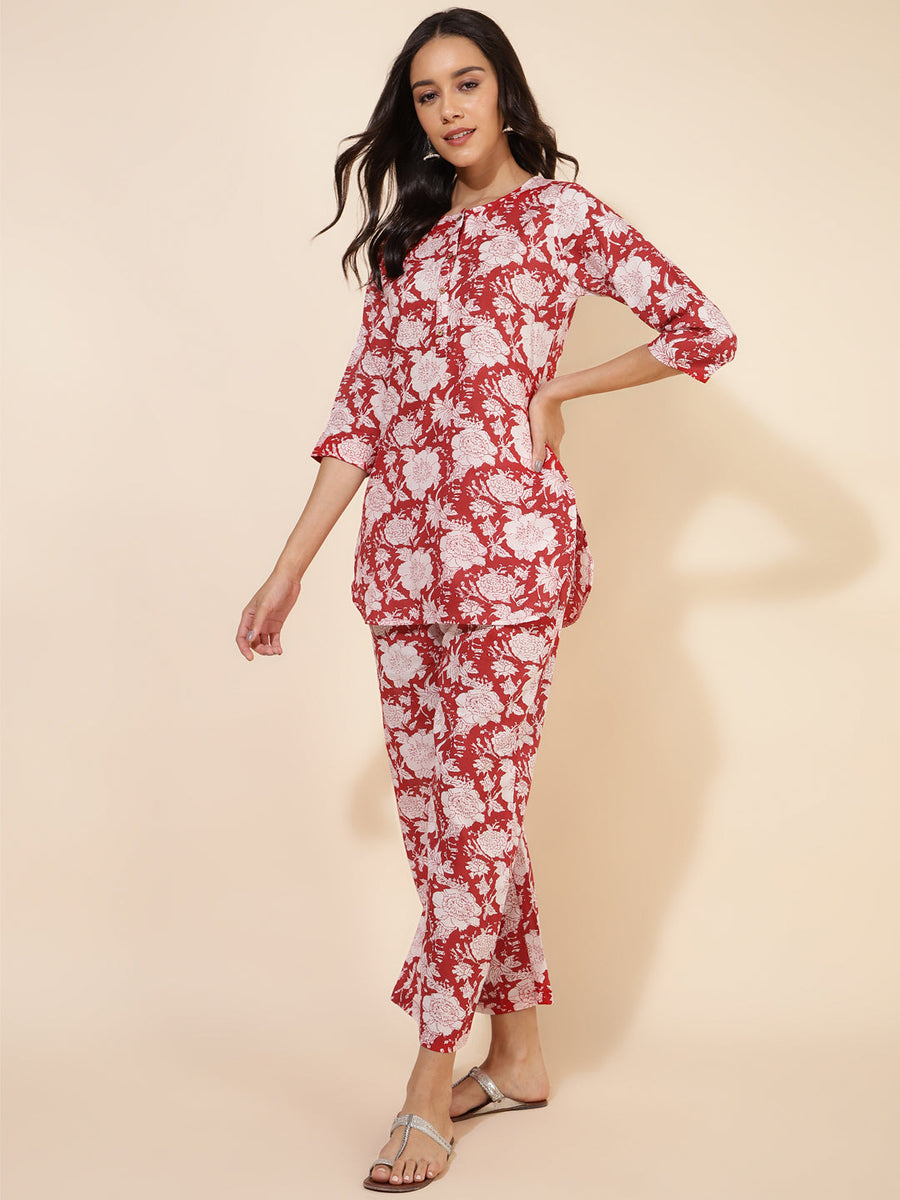 Red Cotton Cambric Floral Printed Top with Palazzo