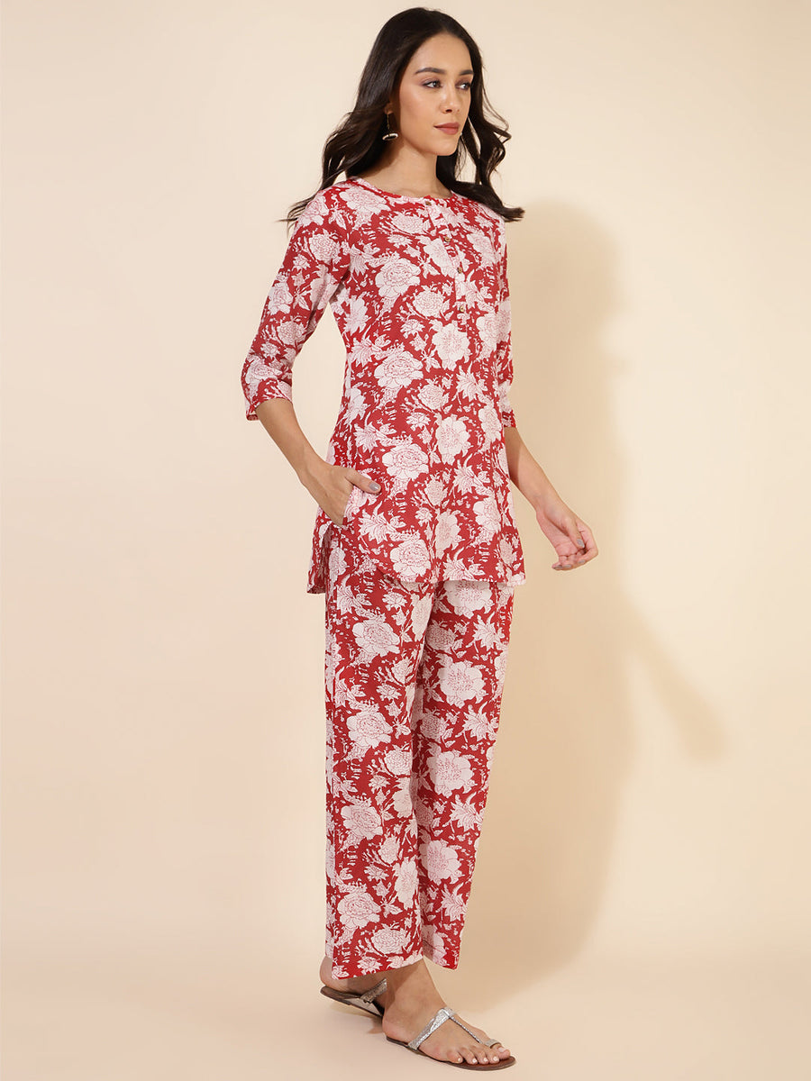 Red Cotton Cambric Floral Printed Top with Palazzo