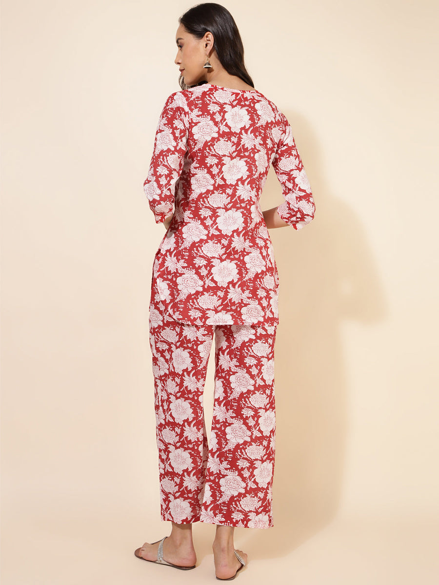 Red Cotton Cambric Floral Printed Top with Palazzo