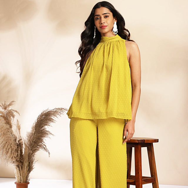 Yellow Dobby Chiffon Solid Co-ord Set