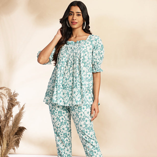 Mint Cotton Floral A-Line Co-ord Set