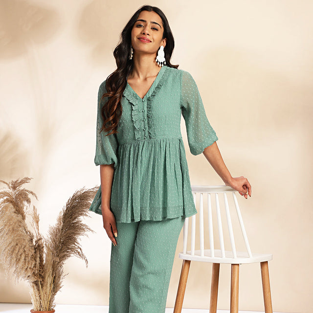 Sage Dobby Chiffon Woven Design Peplum Co-ord Set