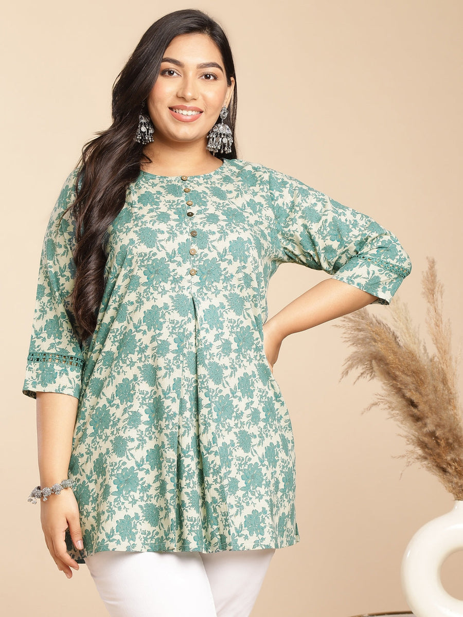 A-Line Cambric Sage Floral Round Neck Tunic
