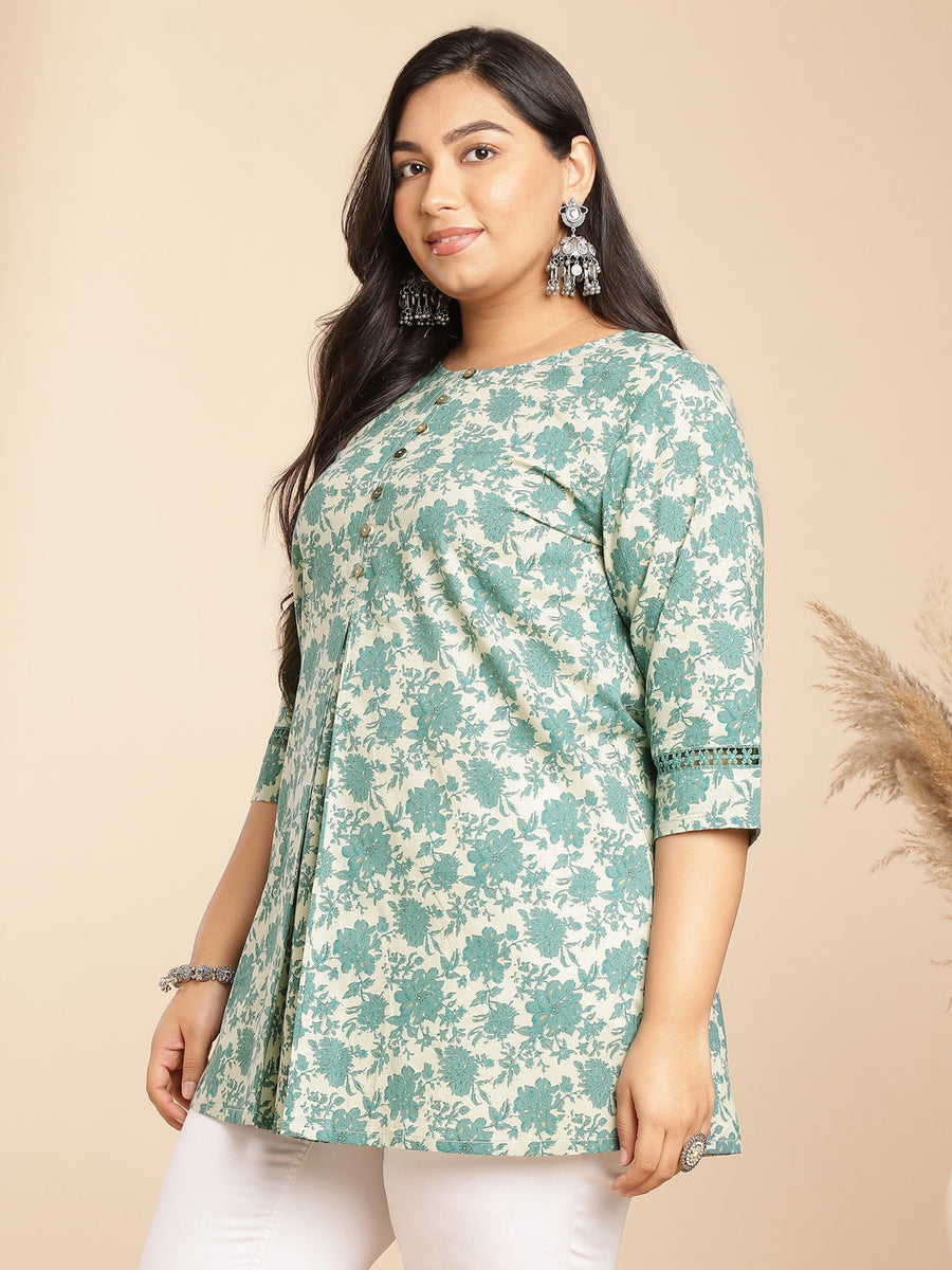 A-Line Cambric Sage Floral Round Neck Tunic