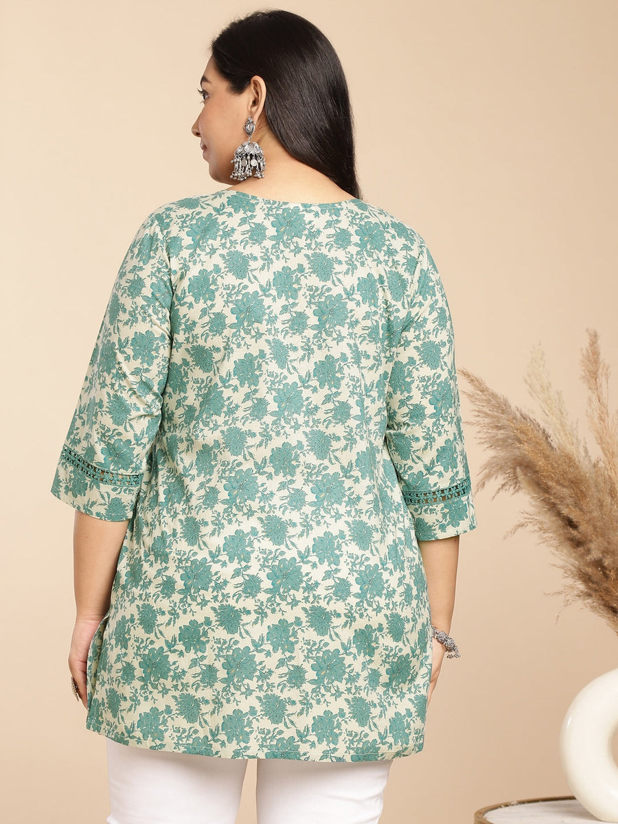 A-Line Cambric Sage Floral Round Neck Tunic