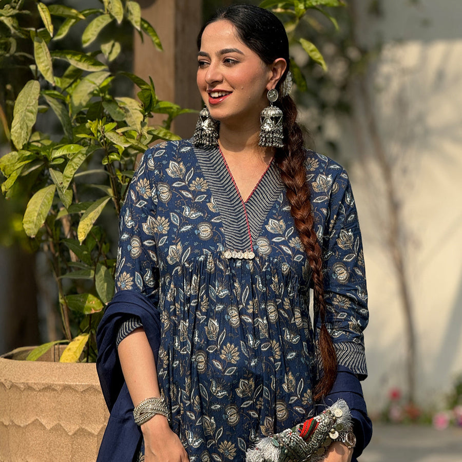 Navy Blue Pure Cotton Floral Printed A-line Kurta Pant With Dupatta Set