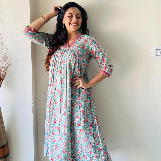 Sea Green Cotton Floral Print Kurta with Pant