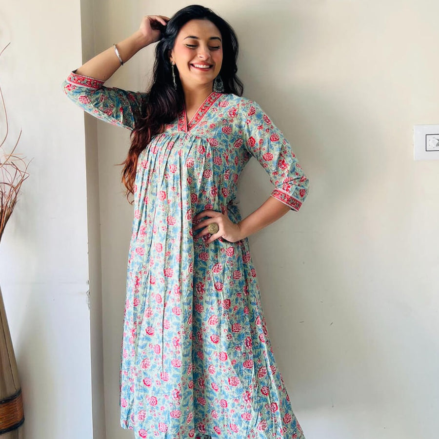 Sea Green Cotton Floral Print Kurta with Pant